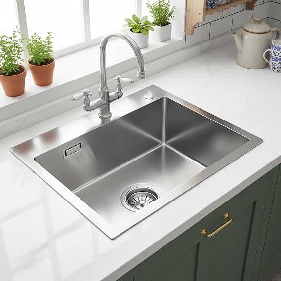 Handmade 304 Stainless Steel Kitchen Sink 50x40cm, Classic Inset Sink | Single Bowl Sink with Waste Kit & Overflow, Square Sink with 2 Holes, Topmount & Flushmount, Brushed
