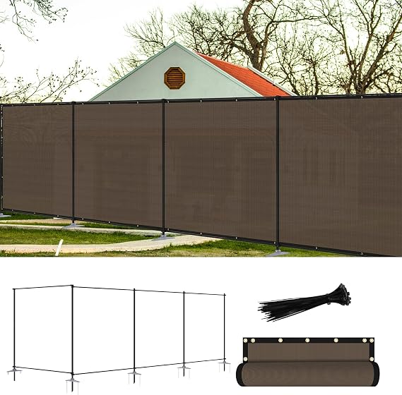 Outdoor 6' x 24' Privacy Fence with Iron Poles Rails Dog Fencing Panels for Garden Patio Backyard Yard Temporary Safety Barrier Chicken Metal Fence with Spikes, Brown
