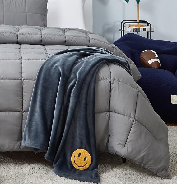 Aeropostale 50"x70" Luxurious Dark Grey Soft Plush Oversized Throw Blanket with Decorative Smiley Face Patch