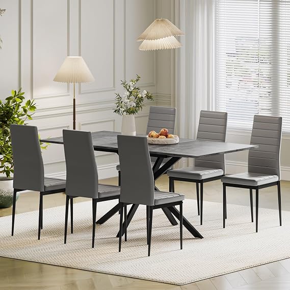 Extendable Dining Table and Chairs Set 6, 120-160cm Concrete Effect Table with 6 Grey High Back Faux Leather Chairs for Dining Room, Kitchen