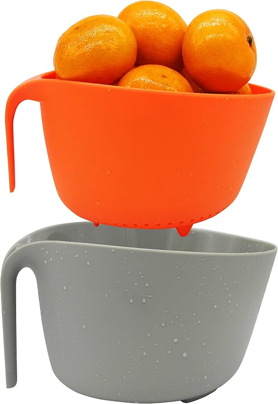 2 in 1 Colander with Long Handle Strainer and Mixing Bowl | Fruit Vegetable Washing Basket, Double Layered Strainer, Non-slip Bottom, Stackable, Dishwasher Safe