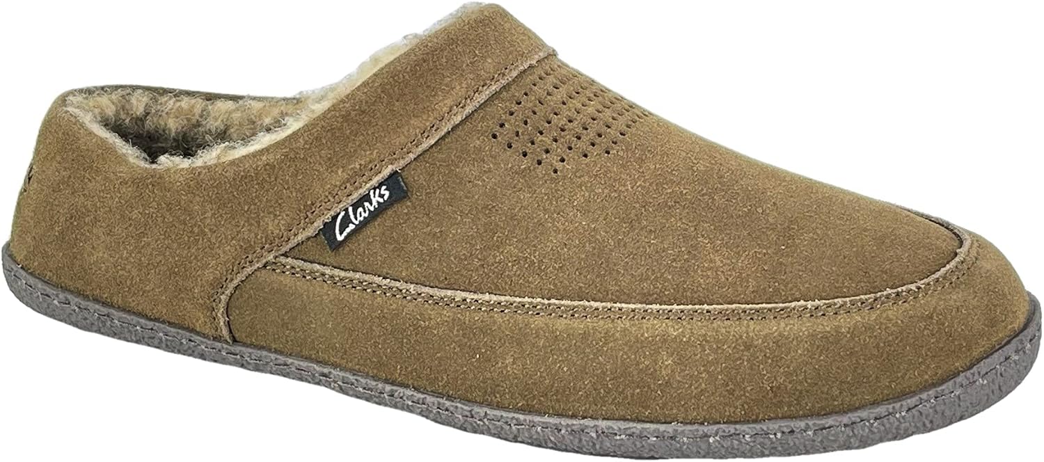 Clarks Mens Slipper Perforated Suede Leather Upper JMS0721 - Warm Plush Sherpa Lining - Indoor Outdoor House Slippers For Men