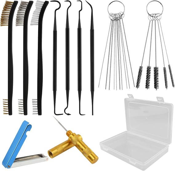 Carburetor Cleaning Kit, 3 Double Head Brush, 23 Needles, 5 Nylon Brushes, 4 Cleaning Hooks and 1 Scraper for Motorcycle, ATV, Chainsaw & Welder Maintenance