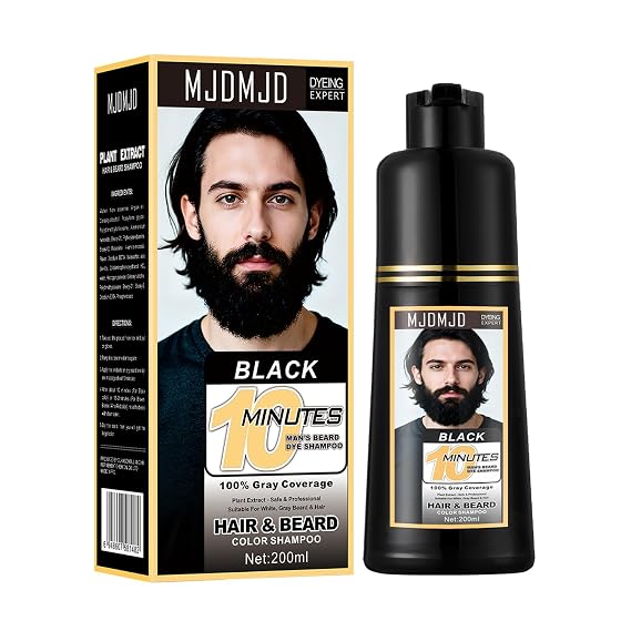 Men's Black Beard & Mustache Dye Shampoo, 3-in-1 Hair Color Shampoo for Men, 100% Gray Coverage, 10-Minute Root Touch Up, Long-Lasting Natural Black Beard, Mustache & Hair Dye, 200ML