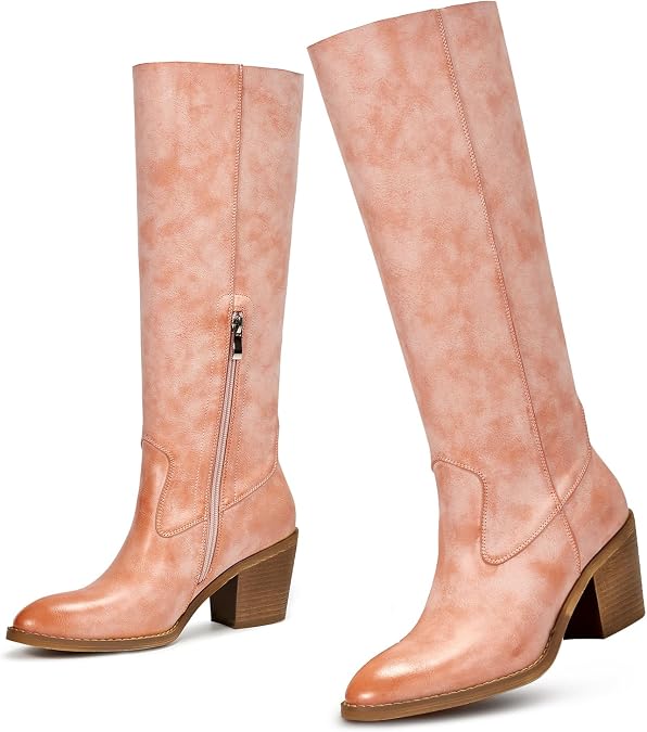 wetkiss Women's Knee High Cowboy Boots | Western Cowgirl, Embroidered Pointed Toe, PU Leather, Chunky Heel, Pull On Tall