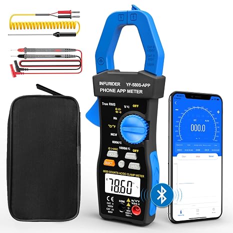 Bluetooth Clamp Meter, TRMS 6000 Counts Auto- Ranging Clamp on Ammeter, 1000A AC/DC Current Clamp Volt Meter, Wireless Clamp Multimeter Measures Capacitance, Ohm, Hz, NCV and Temperature
