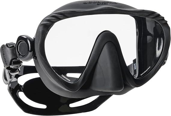 SCUBAPRO Ghost Scuba Dive Mask, Low-Volume Frameless Design w/Ultra Clear Single Lens, Silicone Skirt and Easy-Adjust Strap Buckles, Black