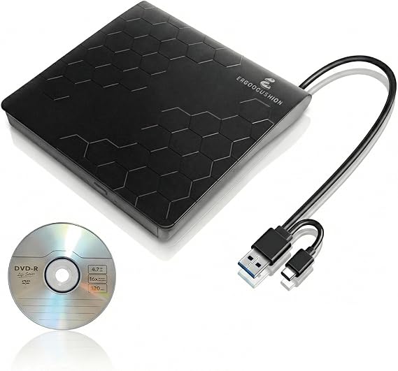 External DVD Drive USB 3.2 Gen 1 Slim Portable CD/DVD Burner, High-Speed Optical Drive Writer for Laptop Desktop, Plug & Play Media Player for Windows/ MacBook, Black, included 4.7GB DVD for backup