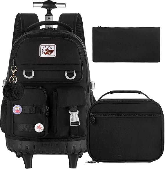 WZLVO 3PCS Rolling Backpack for Girls, 21 inch Water Resistant Roller Backpacks with Wheels, Wheeled Bookbag for Elementary Teens Women - Black