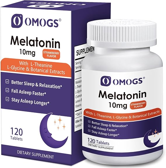 OMOGS Melatonin, Fast Dissolve Melatonin 10mg Tablets, with L-Theanine, L-Glycine & Vitamin, Supports Relaxation & Healthy Sleep Cycles, Strawberry Flavor, 120-Day Supply