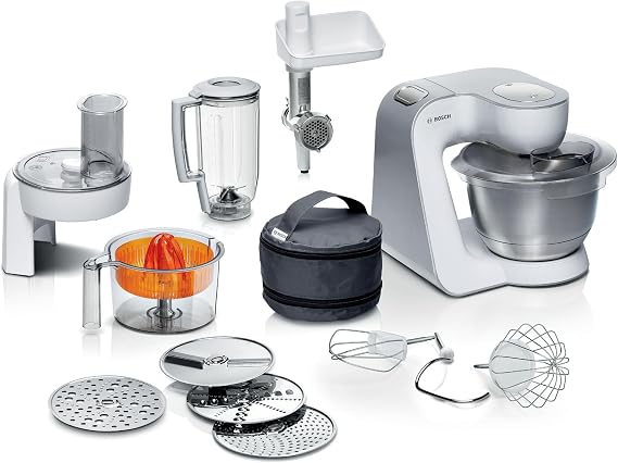 Bosch CreationLine Stand Mixer, 7 in 1 Functions, MUM58259GB, White/Silver | With 11 accessories, 7 Speeds, dough hook, whisk, beater, blender, juicer, mincer, shredder, 1000W