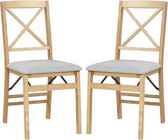 GiantexUK Folding Dining Chairs, Set of 2 Kitchen Chairs with Rubber Wood Frame, Upholstered Seat, Hollowed Backrest, Farmhouse Dinner Chair for Kitchen Dining Room (Natural+Grey, Linen Fabric)