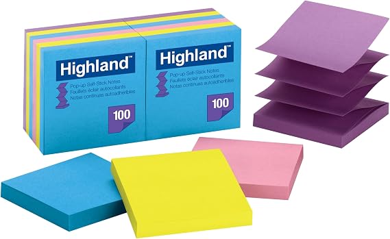 Highland Pop-up Notes, 3 in x 3 in, Assorted Bright Colors, 12 Pads/Pack | 100 Sheets per Pad