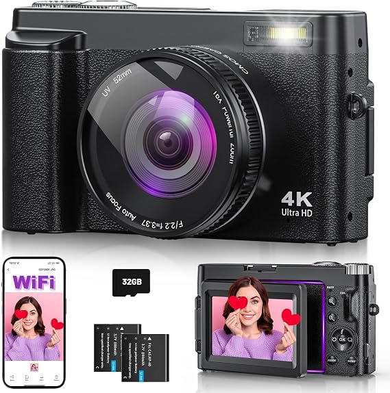 4K 64MP Digital Camera with WiFi, 16X Digital Zoom, 180° Flip Screen & Autofocus - Vlogging Camera for Selfies, Compact WiFi Camera with 32GB Card & 2 Batteries, Ideal for Beginners