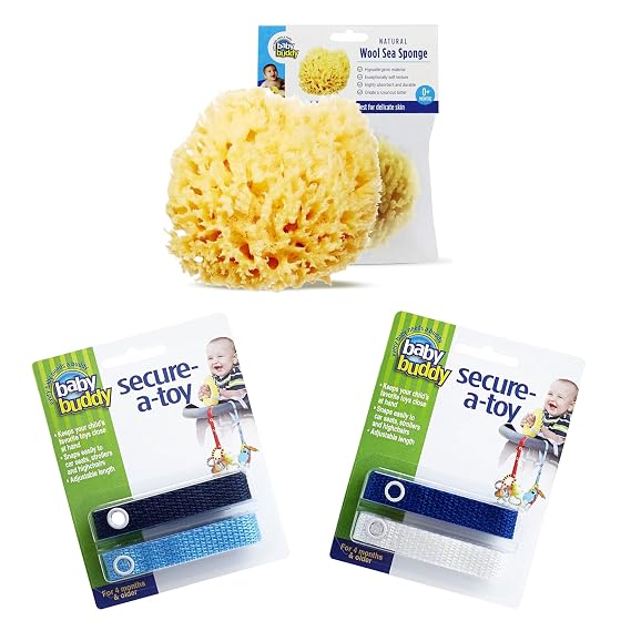 Baby Buddy Care Bundle; 1 Pack Natural Wool Sea Sponge Newborn Bath Time Essential & 4 Straps of Secure-a-Toy - Navy Royal Blue White