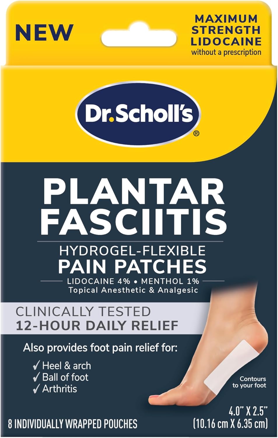 Dr. Scholls Plantar Fasciitis Pain Patches with Hydrogel Flexible Technology, 8 Ct  Clinically Tested 12-Hour Daily Pain Relief - Contours to Your Foot - with Lidocaine & Menthol, 8 Treatments