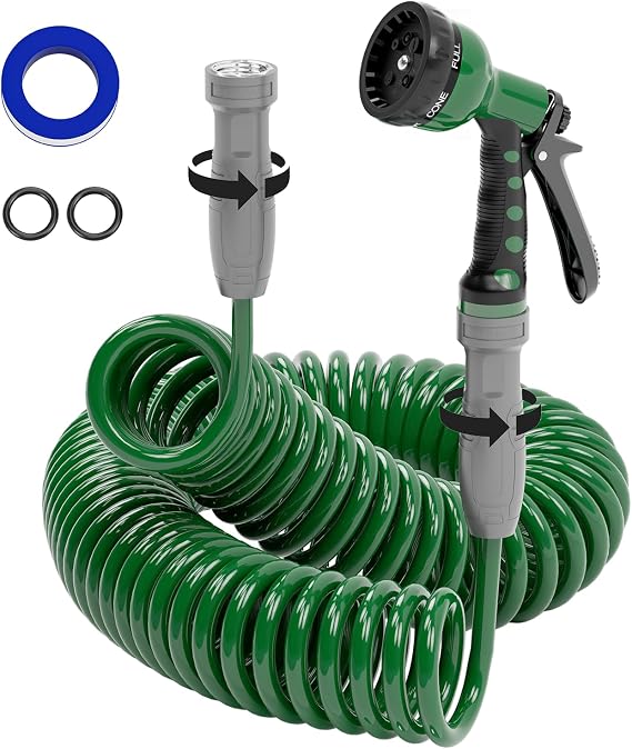 SPECILITE 3/8" Lightweight Coil Garden Hose 75 FT, EVA Flexible Water Hose | Curly Pipe with 6-Pattern Spray Nozzle for Outdoor, Boat, Greenhouse, Yard, Patio, Green