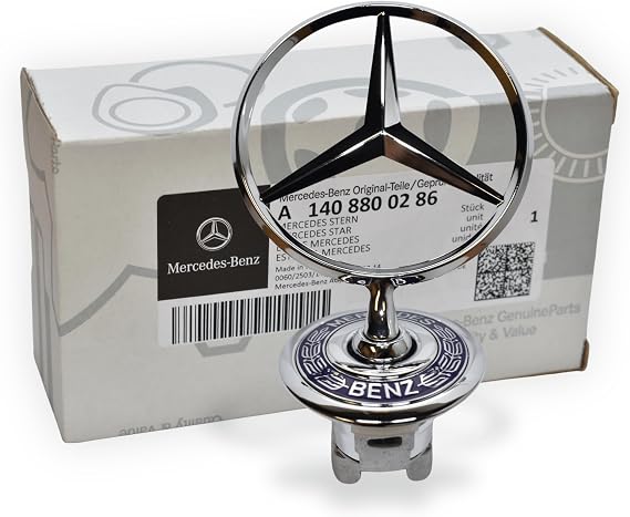 Mercedes Benz Genuine Vehicle Hood Star Emblem Badge (140-880-02-86, Chrome and Blue Laurel Wreath)