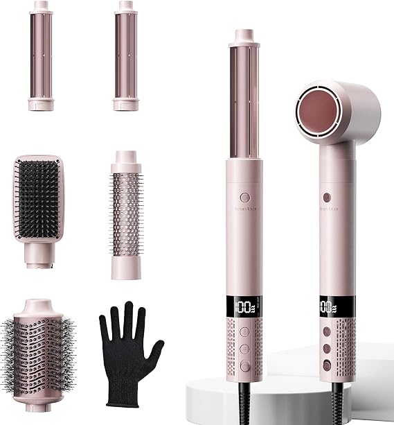 6 in 1 Blow Dryer Brush Set Pink, Powerful Hair Dryer Brush with Auto-Winding Curl L/R, Fast Drying, Smooth Blowouts, Root-Lift Volume, No Heat Damage Frizz-Free Thermal Brush