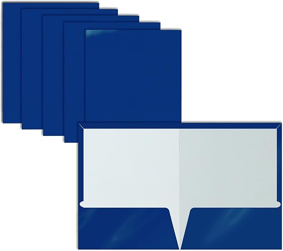 Better Office Products 2 Pocket Glossy Laminated Blue Paper Folders, Letter Size, Blue Paper Portfolios, Box of 25