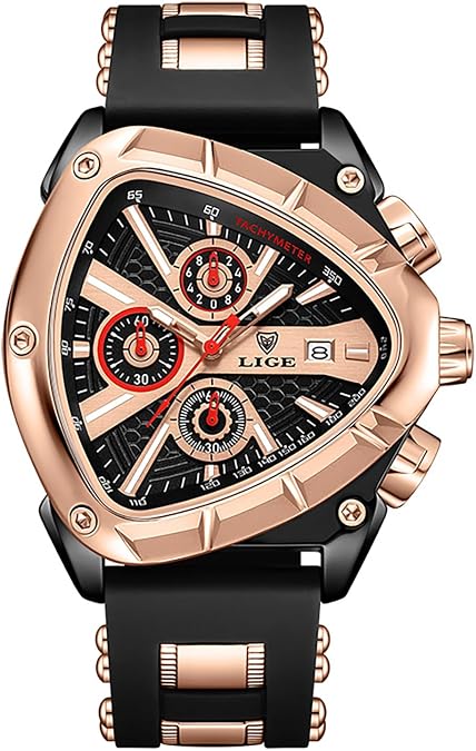 MASTOP Luxury Chronograph Watch for Men Unique Triangular Dial, Luminous Hands, Waterproof Date Sports Wristwatch with Silicone Band Silver & Gold Options