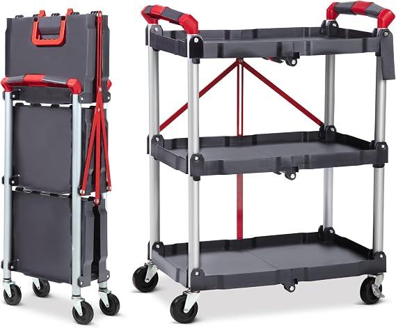 3-Tier Collapsible Service Cart, 90 kg Folding Cart with Wheels, Portable Tool Trolley with Ergonomic Handle & Fixed Rope, for Home, Office, Garage, Workshop, Warehouse (No Assembly Required)