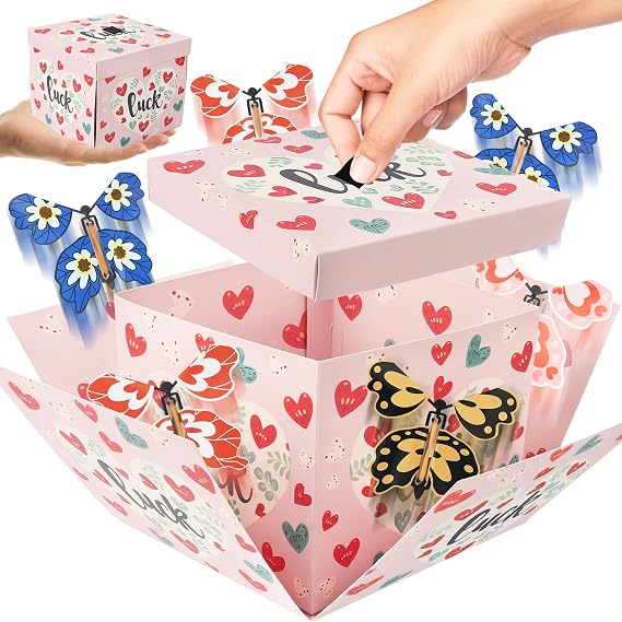 Flying Butterfly Explosion Gift Box with 6 Pcs Flying Butterflies, Surprise Birthday Gift Box with Butterfly, Surprise Cake Boxes for Birthday, Anniversary, Wedding,Graduation Special Occasions Pink