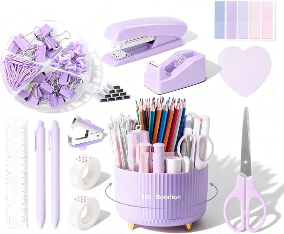 Ovatt Purple Office Desk Accessories, 15pcs Office Supplies 360°Pen Holder Desk Organizers and Accessories with Purple Stapler and Tape Dispenser Set, Cute Desk Accessories for Women Gift Set