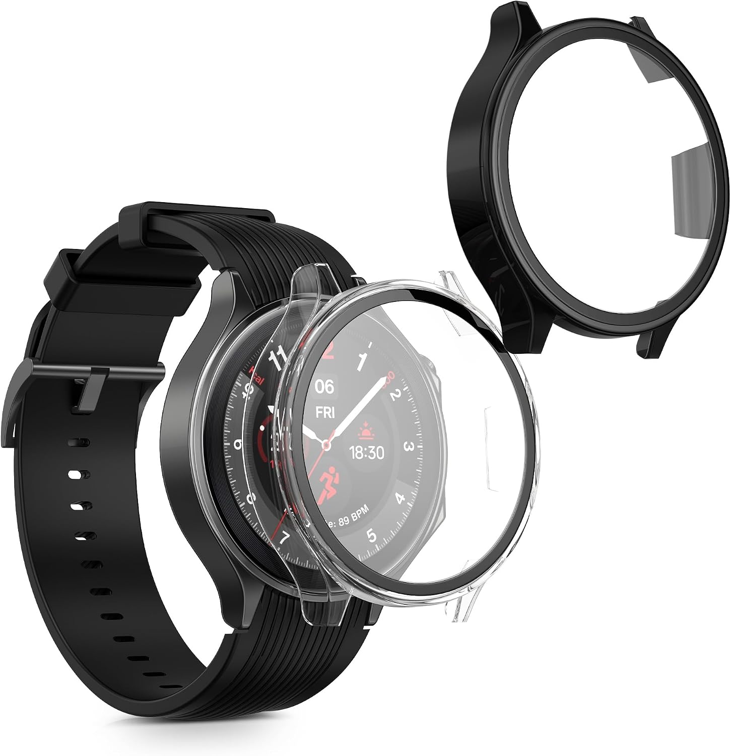 kwmobile Case Compatible with OnePlus Watch 2 OPPO Watch X Case - 2X Tempered Glass Full Screen Protector - Ultra-thin and anti-shock - TransparentBlack