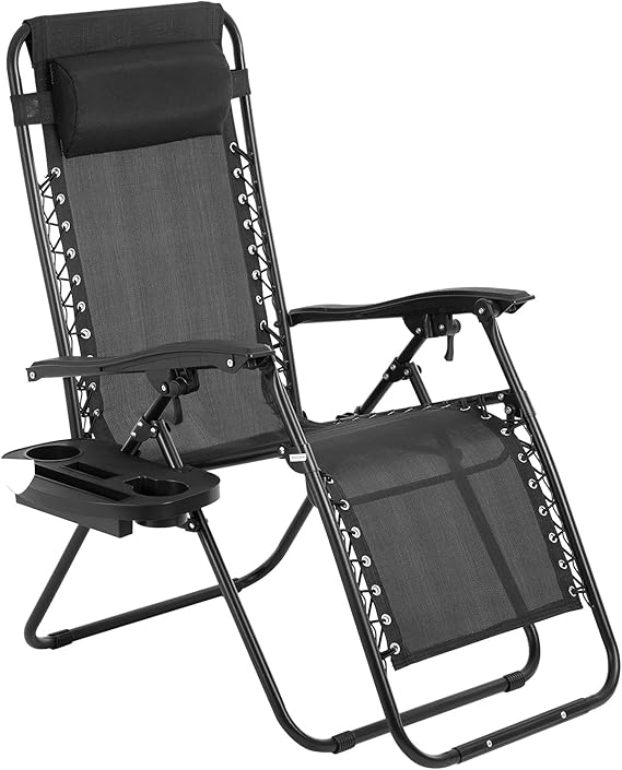 Zero Gravity Chair,Zero Gravity Lounge Chair,1/2 Pack Folding Lawn Chair Adjustable Reclining Patio Chairs with Pillow and Side Table for Pool Yard with Cup Holder (1, Black)