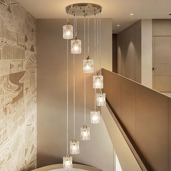 Finktonglan High Ceiling Chandelier, 9-Light Gold Glass Pendant, E27 | Nine adjustable gold glass pendants with 220cm max drop for stairwell, foyer, hallway and entryway; bulbs not included.