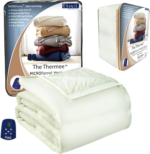 Thermee Micro Flannel Ultra Velvet Heated Blanket, 10-Setting Electric Blanket Full Size, Programmable Heating Blanket, Ultra-Soft Heated Throw Blanket, Electric Throw Blanket Machine Wash/Dry - Cream