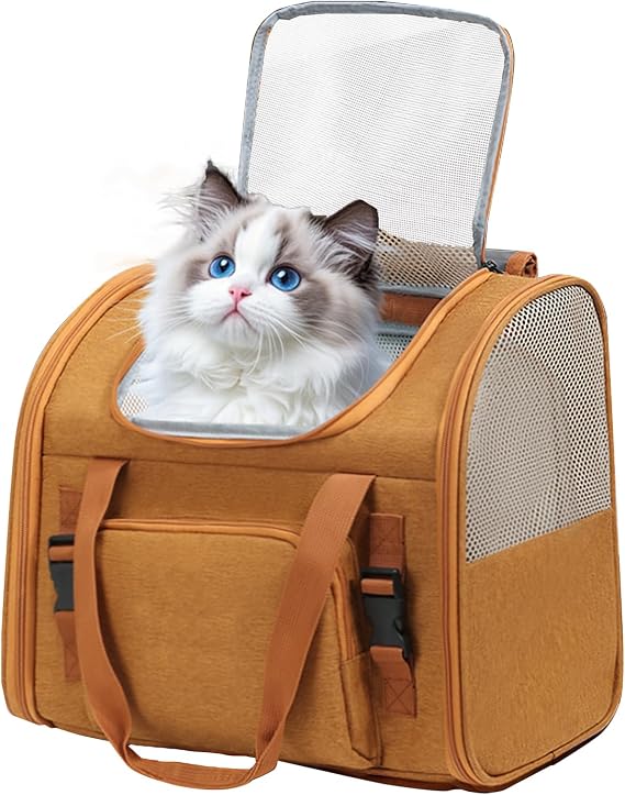 Cat Carrier Backpack, Airline Approved Expandable Pet Carrier, Breathable Mesh Backpack for Small Dogs & Medium Cats Hiking Camping Travel (Brown)