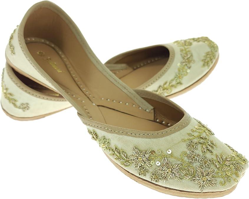 Fulkari Women's Paradise Gold Genuine Soft Leather Jutis | Bite and Pinch Free Jutis | Punjabi Jutti for Ladies Flat Mojari | Bridal Ethnic Flats for Girls |