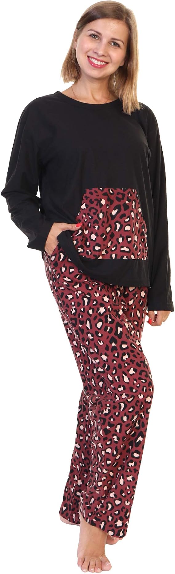 Angelina Women's Kangaroo Pocket Shirt Top with Flannel Pants Pajama Set
