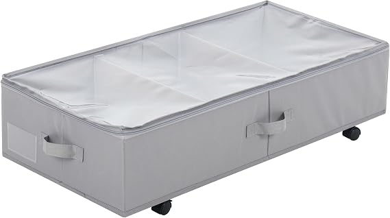 woodluv Underbed Storage Basket on Wheels, Foldable Underbed Storage Box, Rolling Underbed Storage Organizer with Zipped Lid for Clothes, Shoes, Bedding, Space-Saving, Grey