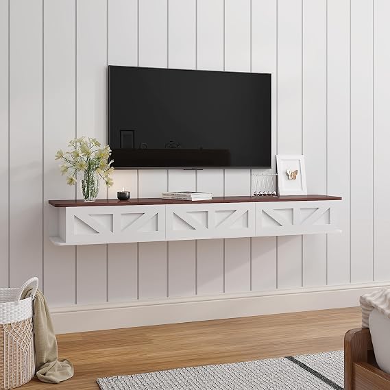 HedoAjim White Floating TV Stand for 43 55 65 70 inch TV, Entertainment Center Media TV Console Shelf and Storage Drawers for Wall for Living Room Bedroom