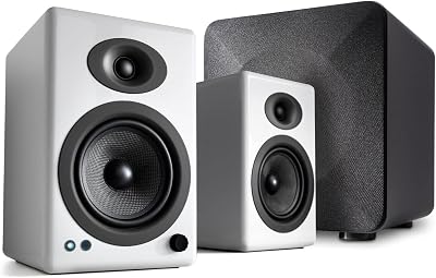 Audioengine A5 White Bookshelf Speakers with Bluetooth and S6 Subwoofer with Remote