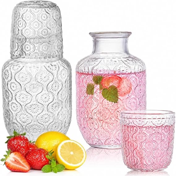 Vintage Bedside Water Carafe Set, Bedside Water Carafe and Glass Set, 500ml Glass Juice Pitcher and 150ml Cup, Thicked Glasses Mouthwash Decanter for Bathroom,Bedroom Nightstand,Kitchen (A)
