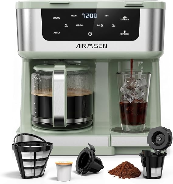 AIRMSEN 12-Cup Programmable Dual Coffee Maker Single Serve Machine for K-Pods & Ground, 1000W Fast Brew, Delay Start, 2H Keep Warm, Touchscreen, 60oz Tank, Glass Carafe Home & Office