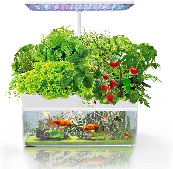 12 Pod Indoor Smart Hydroponics System Growing Kit with Fish Tank and LED Lights - Ideal for Ecological Fish Farming and Plant Growth | Adjustable Lamp Bracket and Touch Screen Control Panel white