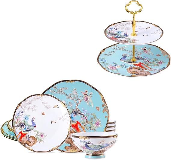 ACMLIFE Bone China Dinnerware Set 12 Pieces with 2-Tier Vintage Floral Afternoon Tea Stand