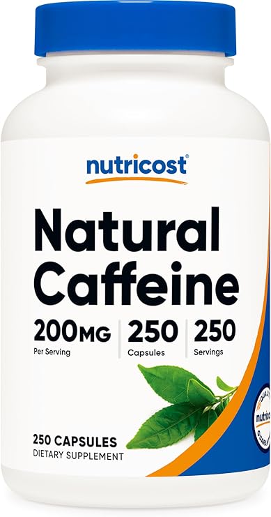 Nutricost Natural Caffeine 200mg, 250 Vegetarian Capsules, Gluten-Free | GMO-Free