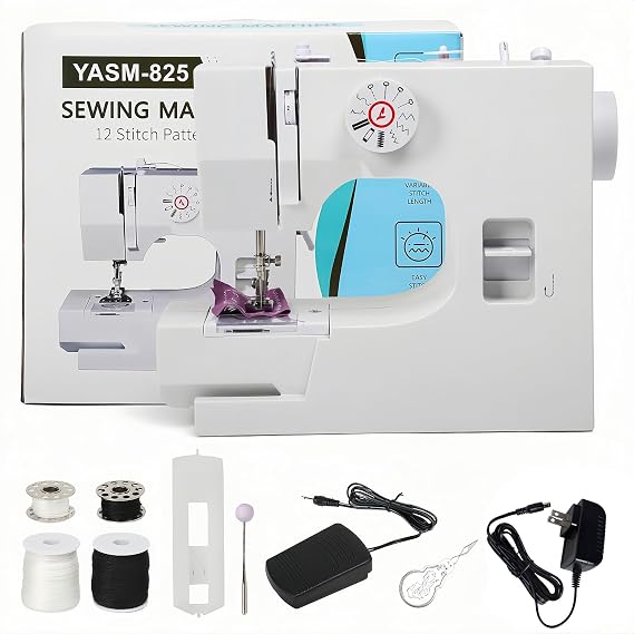 Sewing Machine for Beginners, Mini Sewing Machine with Metal Hook & 12 Built-In Stitches, Sews 6 Layers of Denim, Includes Foot Pedal, 45 Pcs Accessories for Home DIY and Crafting