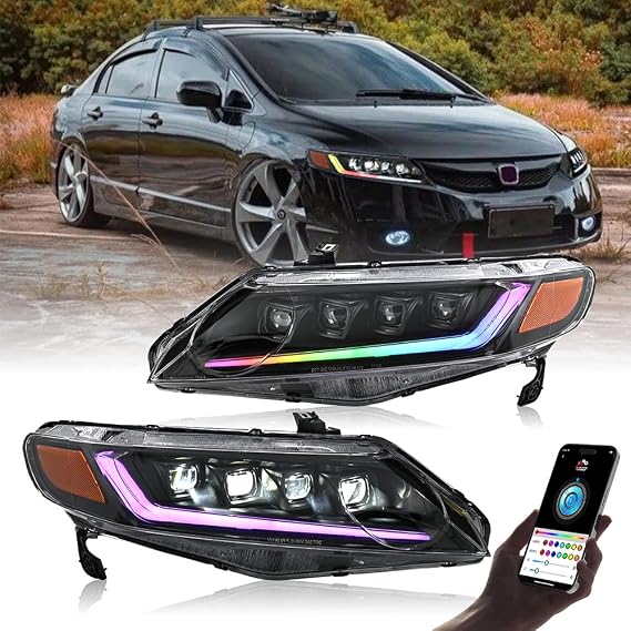 Projector Headlights for 8th Gen Honda Civic Sedan 4-Door 2006-2011 Frontlamp with Dynamic Animation Multicolor DRL Sequential Turn Signal Passenger & Driver Side Head Light Quadruple Beam