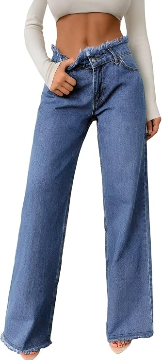 Astylish Womens High Waisted Raw Hem Jeans Stretchy Wide Leg Frayed Straight Denim Pants