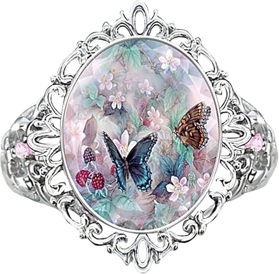Colorful Butterfly Zircon Rings, Women's Moonstone Rings Large Opal Rings Vintage Set Gemstones Silver Rings Womens Elegant Jewelry Birthday Gifts
