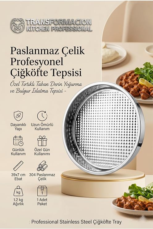 Transformacion Profesyonel Çiğköfte Tepsisi 39x7 cm - 304 Paslanmaz Çelik Özel Tırtıklı Taban Derin Yoğurma ve Bulgur Islatma Tepsisi - Ev ve Endüstriyel Tip Çelik Tepsi