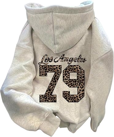 COZYEASE Women's Leopard Number Print Hoodie Long Sleeve Drawstring Graphic Sweatshirts Loose Pullover Tops