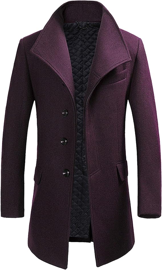 Men's Winter Slim Fit Business Top Coat Classic Woollen Single Breasted Overcoat Wide Lapel Trench Walker Coats (Red 2,Medium)